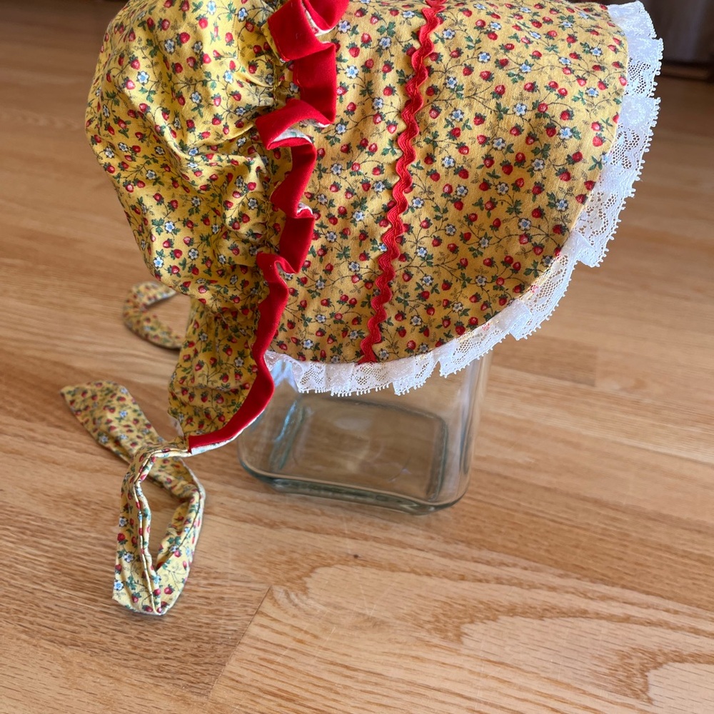 Vintage Handmade Youth/Small Adult Yellow And Red Bonnet-Strawberry Pattern